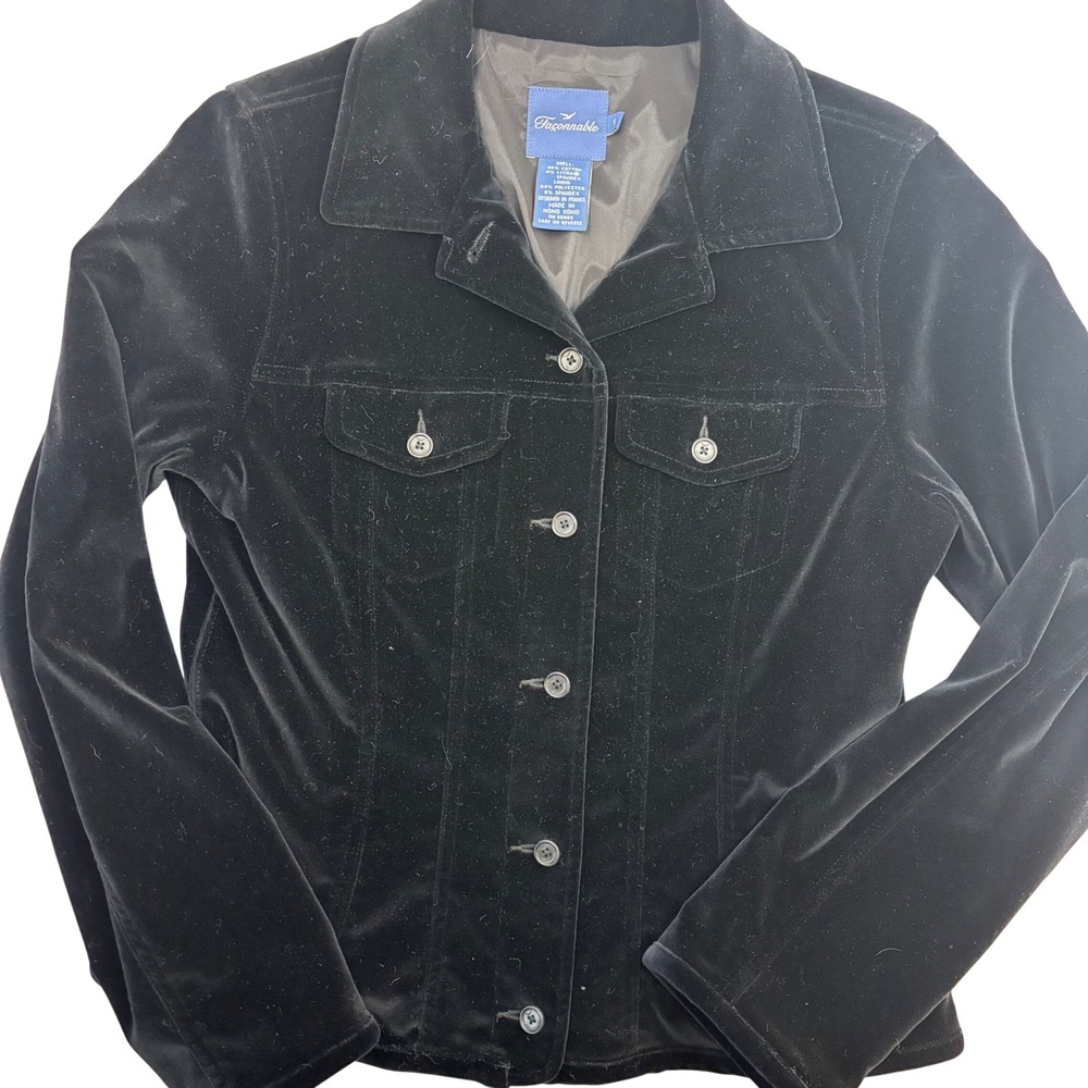 Faconnable Womens Black Velvet Trucker Jacket Cotton Blend Stretch Size S